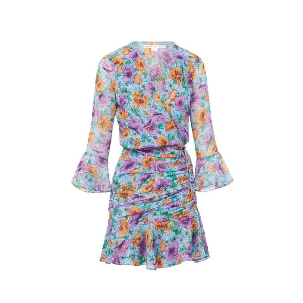 Veronica Beard Silk Floral Mini Dress Women 12 Blue Ruched Bell Sleeve Boho Chic